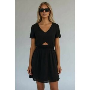 PRETTY GARDEN XL Black V Neck Cutout‎ Smocked Waist Ruffle Mini Dress